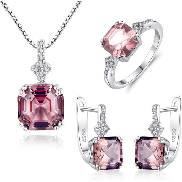 925 Sterling Silver CZ Zircon Simulated Morganite Necklace Earrings Ring for Wom